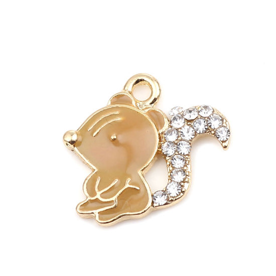 Immagine di Lega di Zinco Charms Scoiattolo Oro Placcato Cachi Trasparente Strass Smalto 18mm x 17mm , 5 Pz