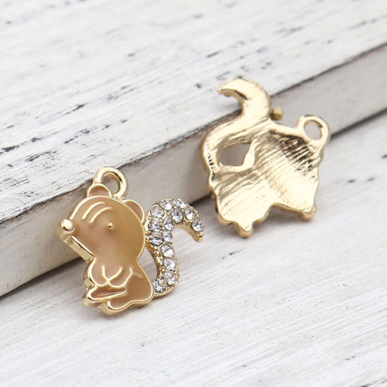 Immagine di Lega di Zinco Charms Scoiattolo Oro Placcato Cachi Trasparente Strass Smalto 18mm x 17mm , 5 Pz