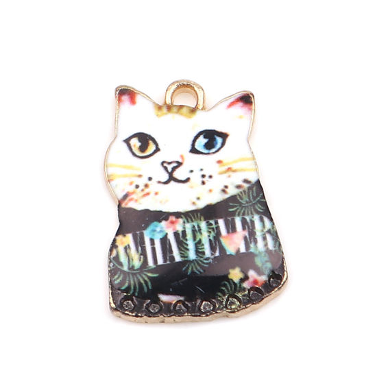 Immagine di Lega di Zinco Charms Gatto Oro Placcato Multicolore Smalto 20mm x 14mm , 10 Pz