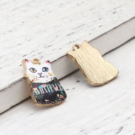 Immagine di Lega di Zinco Charms Gatto Oro Placcato Multicolore Smalto 20mm x 14mm , 10 Pz