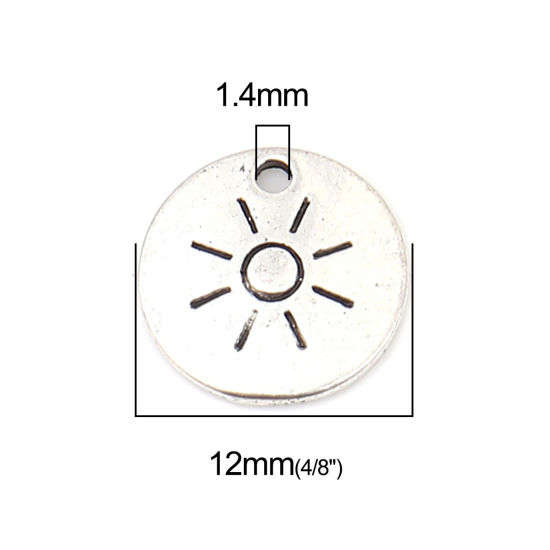 Picture of Zinc Based Alloy Galaxy Charms Round Antique Silver Color Sun 12mm Dia., 50 PCs