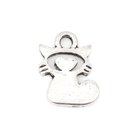 Zamak Colgantes Charms Gato Plata Antigua Corazón 13mm x 9mm, 50 Unidades
