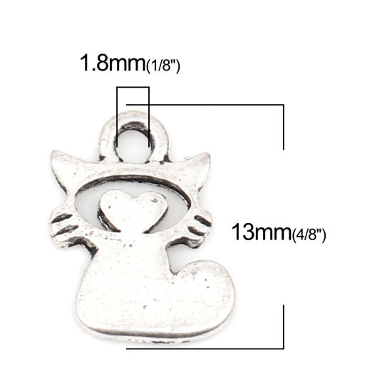 Immagine di Lega di Zinco Charms Gatto Argento Antico Cuore 13mm x 9mm , 50 Pz