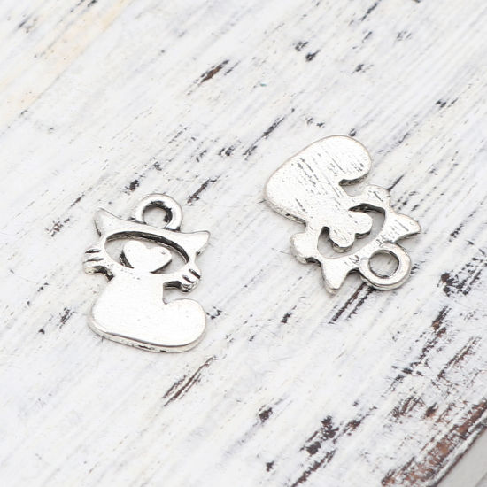 Immagine di Lega di Zinco Charms Gatto Argento Antico Cuore 13mm x 9mm , 50 Pz
