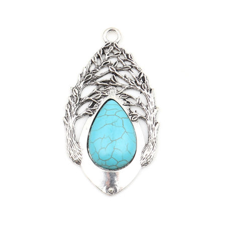 Aleación de metal de Zinc + Acrílico Colgantes Óvalo Plata Antigua Verde Azul Hoja Imitación de turquesa 76mm x 42mm, 1 Unidad
