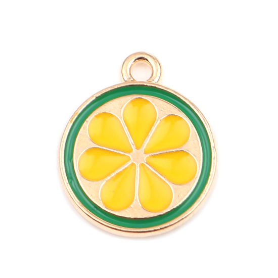 Immagine di Lega di Zinco Charms Tondo Oro Placcato Verde & Giallo Fettina di Limone Smalto 18mm x 15mm , 20 Pz