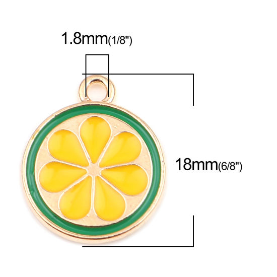 Immagine di Lega di Zinco Charms Tondo Oro Placcato Verde & Giallo Fettina di Limone Smalto 18mm x 15mm , 20 Pz