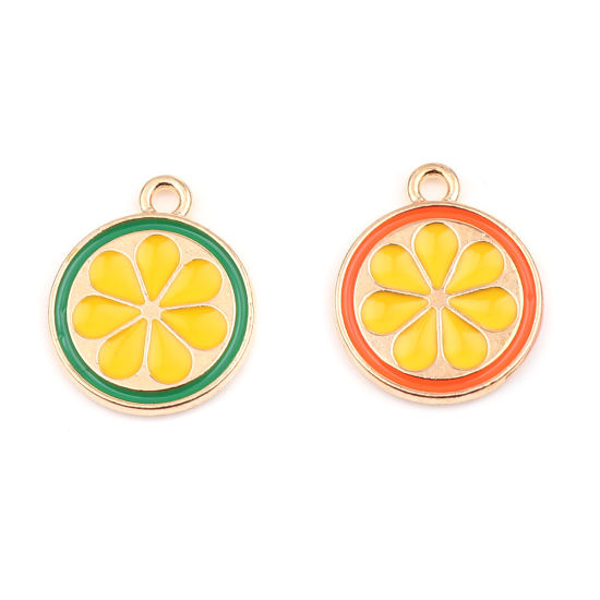 Immagine di Lega di Zinco Charms Tondo Oro Placcato Verde & Giallo Fettina di Limone Smalto 18mm x 15mm , 20 Pz