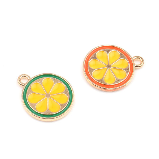 Immagine di Lega di Zinco Charms Tondo Oro Placcato Verde & Giallo Fettina di Limone Smalto 18mm x 15mm , 20 Pz