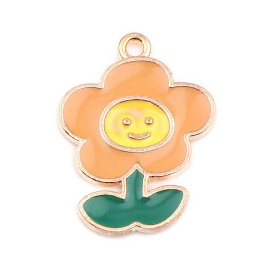 Immagine di Lega di Zinco Charms Fiore Oro Placcato Arancione Sorriso Smalto 24mm x 18mm , 20 Pz
