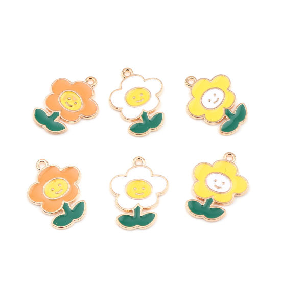 Immagine di Lega di Zinco Charms Fiore Oro Placcato Arancione Sorriso Smalto 24mm x 18mm , 20 Pz
