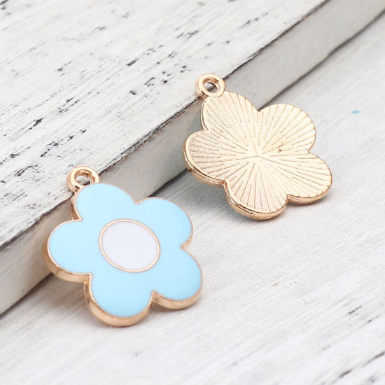 Immagine di Lega di Zinco Charms Fiore Oro Placcato Bianco & Blu Pallido Smalto 22mm x 19mm , 20 Pz