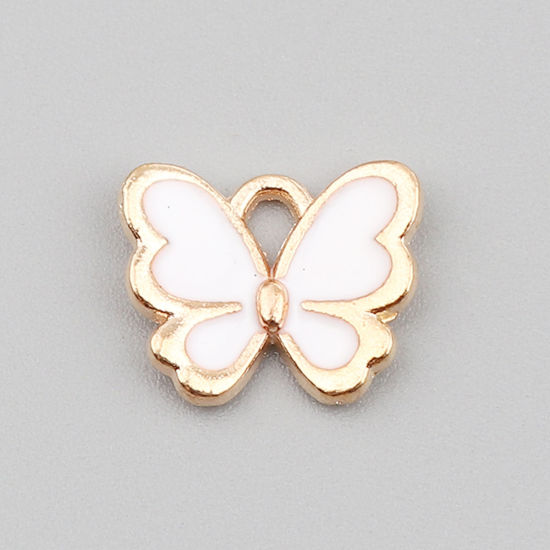 Bild von Zinklegierung Insekt Charms Schmetterling Vergoldet Weiß Emaille 13mm x 11mm, 20 Stück