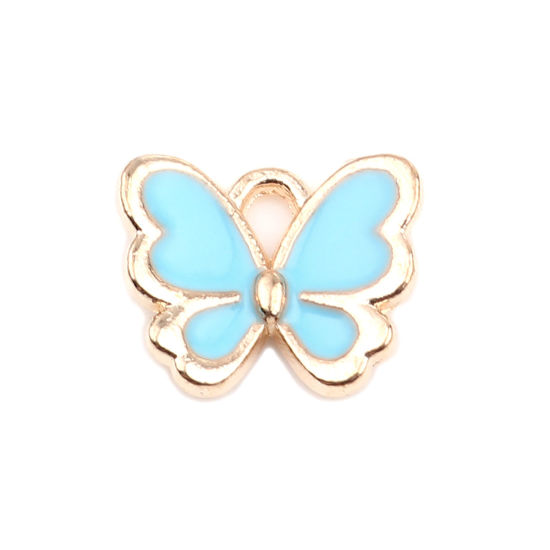 Picture of Zinc Based Alloy Insect Charms Butterfly Animal Gold Plated Light Blue Enamel 13mm x 11mm, 20 PCs