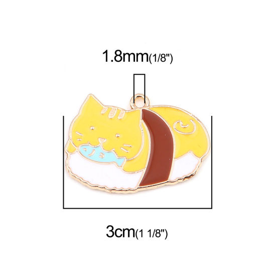 Immagine di Lega di Zinco Ciondoli Gatto Oro Placcato Bianco & Giallo Smalto 30mm x 22mm , 10 Pz