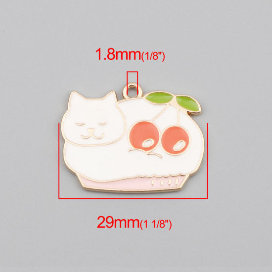 Immagine di Lega di Zinco Charms Gatto Oro Placcato Bianco & Rosa Ciliegia Smalto 29mm x 23mm , 10 Pz
