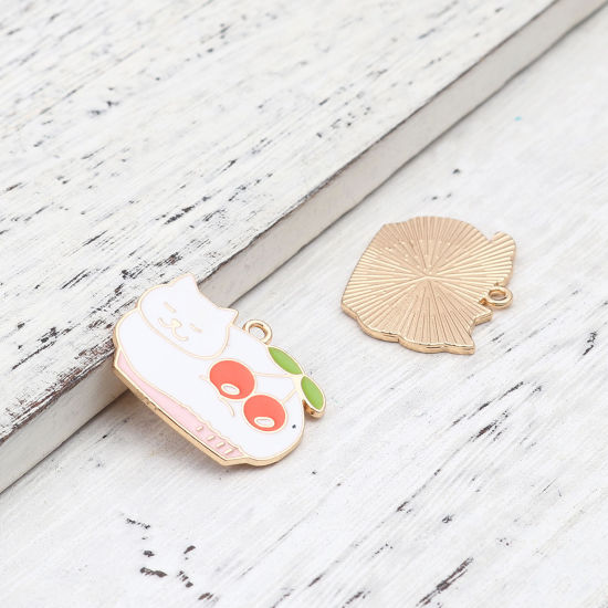 Immagine di Lega di Zinco Charms Gatto Oro Placcato Bianco & Rosa Ciliegia Smalto 29mm x 23mm , 10 Pz