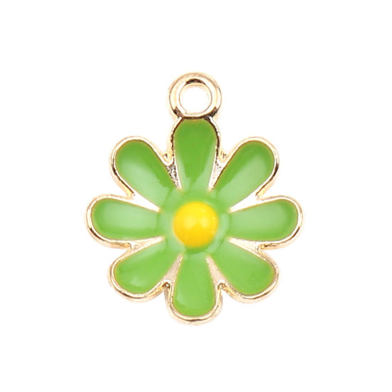 Immagine di Lega di Zinco Charms Fiore Margherita Oro Placcato Verde Smalto 18mm x 15mm , 20 Pz