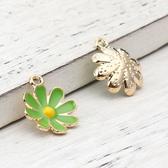 Immagine di Lega di Zinco Charms Fiore Margherita Oro Placcato Verde Smalto 18mm x 15mm , 20 Pz