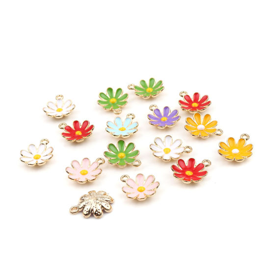Immagine di Lega di Zinco Charms Fiore Margherita Oro Placcato Verde Smalto 18mm x 15mm , 20 Pz