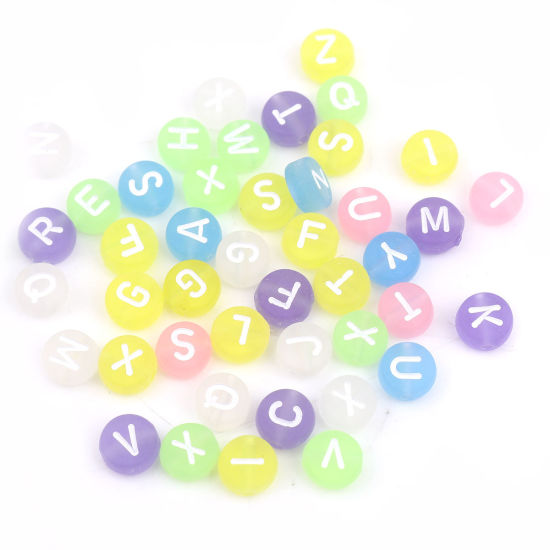 Picture of Acrylic Beads Flat Round At Random Initial Alphabet/ Capital Letter Pattern Frosted About 7mm Dia., Hole: Approx 1.4mm, 500 PCs