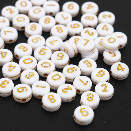 Picture of Acrylic Beads Flat Round White & Golden Number Pattern About 7mm Dia., Hole: Approx 1.5mm, 500 PCs