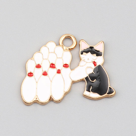 Immagine di Lega di Zinco Charms Bowling Oro Placcato Nero & Bianco Gatto Smalto 26mm x 20mm , 5 Pz