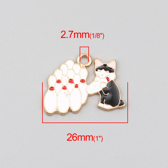Immagine di Lega di Zinco Charms Bowling Oro Placcato Nero & Bianco Gatto Smalto 26mm x 20mm , 5 Pz