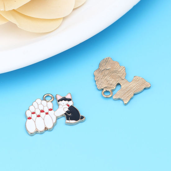 Immagine di Lega di Zinco Charms Bowling Oro Placcato Nero & Bianco Gatto Smalto 26mm x 20mm , 5 Pz