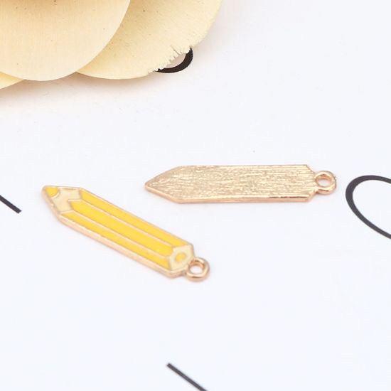Picture of Zinc Based Alloy College Jewelry Charms Pencil Gold Plated Yellow Enamel 26mm x 6mm, 10 PCs