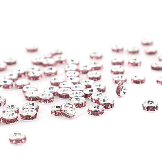 Изображение Сплав+Стекло Бусы Rondelle Круглые Посеребренный Розовый Стразы Около 4мм Диаметр, Отверстие:примерно 1мм, 100 ШТ