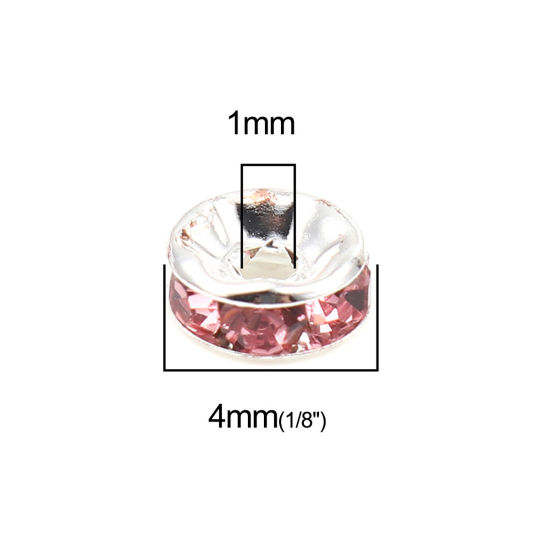 Picture of Zinc Based Alloy & Glass Spacer Rondelle Beads Round Silver Plated Pink Rhinestone About 4mm Dia., Hole: Approx 1mm, 100 PCs
