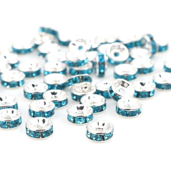 Picture of Zinc Based Alloy & Glass Spacer Rondelle Beads Round Silver Plated Light Blue Rhinestone About 4mm Dia., Hole: Approx 1mm, 100 PCs