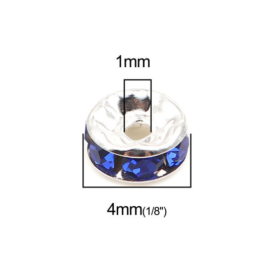 Picture of Zinc Based Alloy & Glass Spacer Rondelle Beads Round Silver Plated Royal Blue Rhinestone About 4mm Dia., Hole: Approx 1mm, 100 PCs