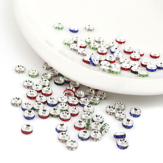 Picture of Zinc Based Alloy & Glass Spacer Rondelle Beads Round Silver Plated Red Rhinestone About 4mm Dia., Hole: Approx 1mm, 100 PCs