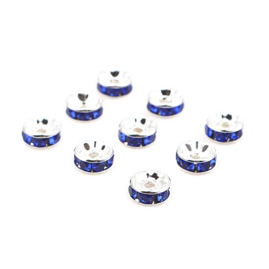 Picture of Zinc Based Alloy & Glass Spacer Rondelle Beads Round Silver Plated Royal Blue Rhinestone About 6mm Dia., Hole: Approx 1.5mm, 100 PCs