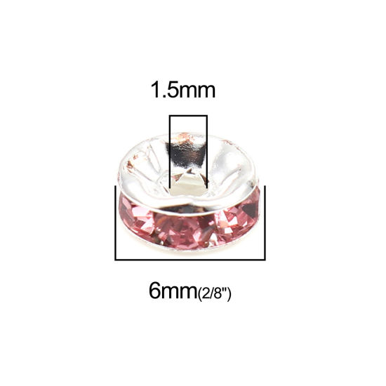 Picture of Zinc Based Alloy & Glass Spacer Rondelle Beads Round Silver Plated Pink Rhinestone About 6mm Dia., Hole: Approx 1.5mm, 100 PCs
