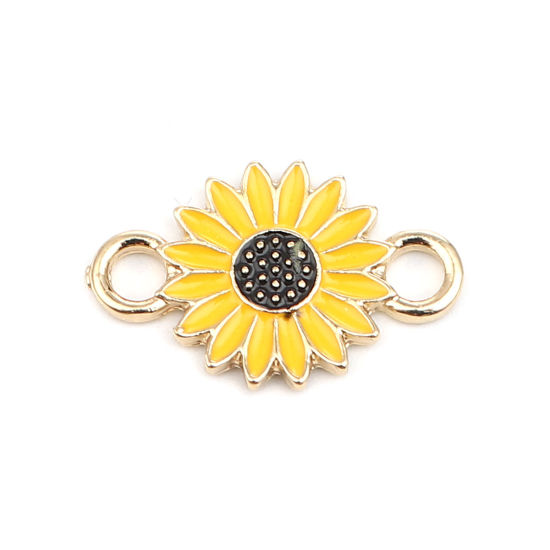 Bild von Zinklegierung Verbinder Sonnenblume Vergoldet Schwarz & Gelb Emaille, 22mm x 14mm, 10 Stück