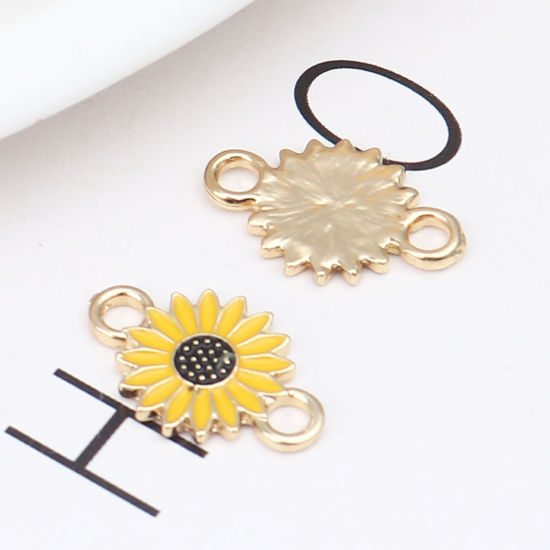 Bild von Zinklegierung Verbinder Sonnenblume Vergoldet Schwarz & Gelb Emaille, 22mm x 14mm, 10 Stück