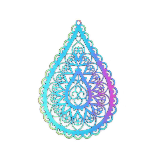 Image de Pendentifs en Acier Inoxydable Estampe en Filigrane Goutte d'Eau Violet & Bleu Fleurs Creuses 65mm x 42mm , 10 Pcs