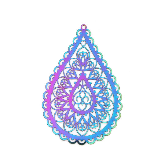 Image de Pendentifs en Acier Inoxydable Estampe en Filigrane Goutte d'Eau Violet & Bleu Fleurs Creuses 65mm x 42mm , 10 Pcs