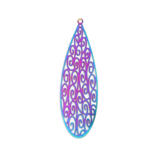 Image de Pendentifs en Acier Inoxydable Estampe en Filigrane Goutte d'Eau Violet & Bleu Fleurs Creuses 57mm x 18mm , 10 Pcs