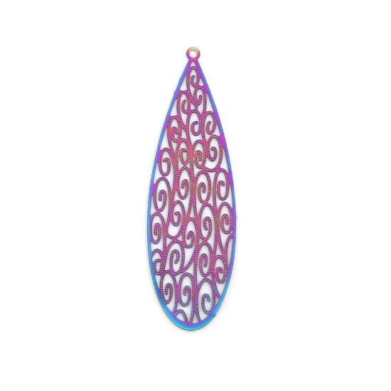 Image de Pendentifs en Acier Inoxydable Estampe en Filigrane Goutte d'Eau Violet & Bleu Fleurs Creuses 57mm x 18mm , 10 Pcs