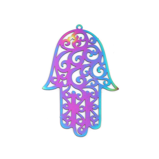 Image de Pendentifs en Acier Inoxydable Religieux Khamsa Symbole Paume Violet & Bleu Fleurs Creuses Estampe en Filigrane 55mm x 36mm , 10 Pcs