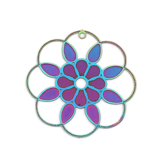 Image de Pendentifs en Acier Inoxydable Estampe en Filigrane Fleur Violet & Bleu 33mm x 33mm , 10 Pcs