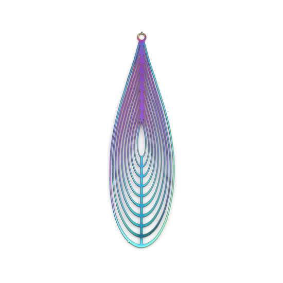 Image de Pendentifs en Acier Inoxydable Estampe en Filigrane Goutte d'Eau Violet & Bleu Fleurs Creuses 55mm x 16mm , 10 Pcs