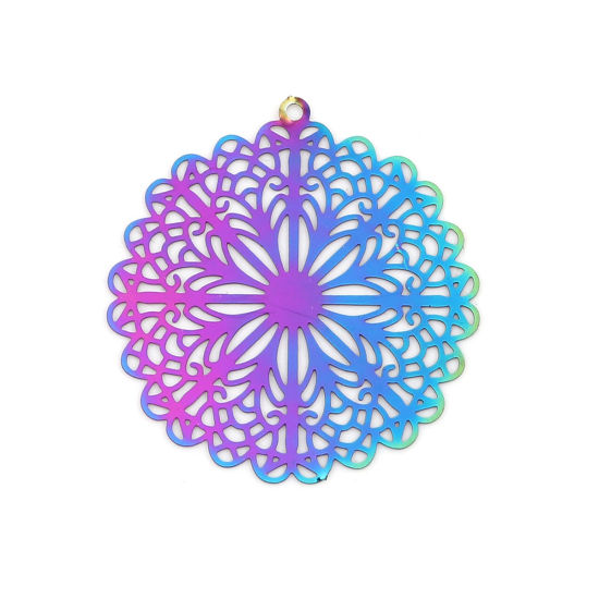 Picture of Stainless Steel Filigree Stamping Pendants Flower Purple & Blue 37mm x 34mm, 10 PCs