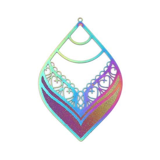 Image de Pendentifs en Acier Inoxydable Estampe en Filigrane Marquise Violet & Bleu Fleurs Creuses 68mm x 45mm , 10 Pcs