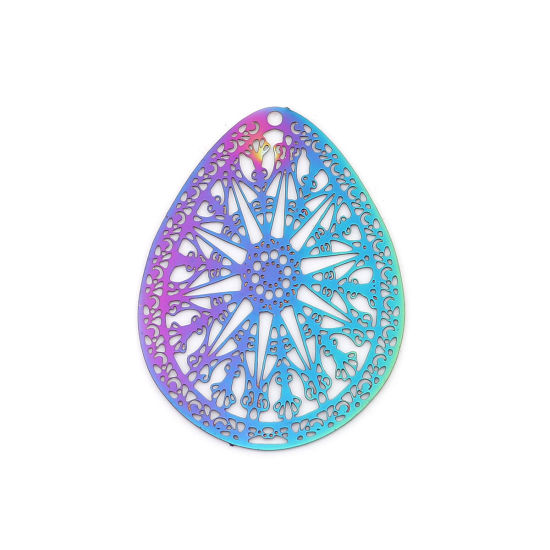 Image de Pendentifs en Acier Inoxydable Estampe en Filigrane Goutte d'Eau Violet & Bleu Fleurs Creuses 39mm x 28mm , 10 Pcs