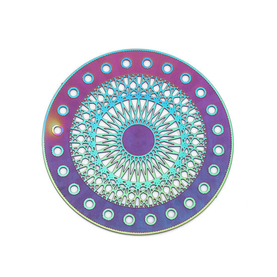 Изображение Нержавеющая Сталь Филигранные цветок железа Коннекторы Круглые Фиолетовый+синий Ажурный Цветок 47мм Диаметр, 10 ШТ